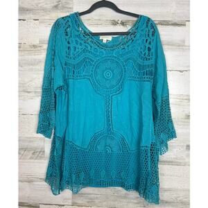Adiva Teal Blue Crochet Boho Blouse womens Size 2X - New lightweight summer top